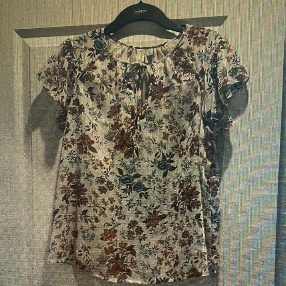 Floral Short-Sleeve Peasant Top - White with Brown & Green Floral